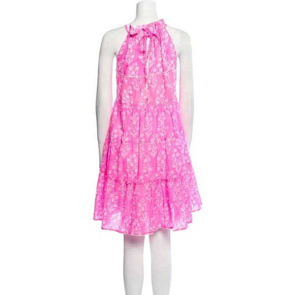 Juliet Dunn Pink Floral Sleeveless Halter Ruffle Tiered Swing Mini Sun Dress 2 - Picture 1 of 10